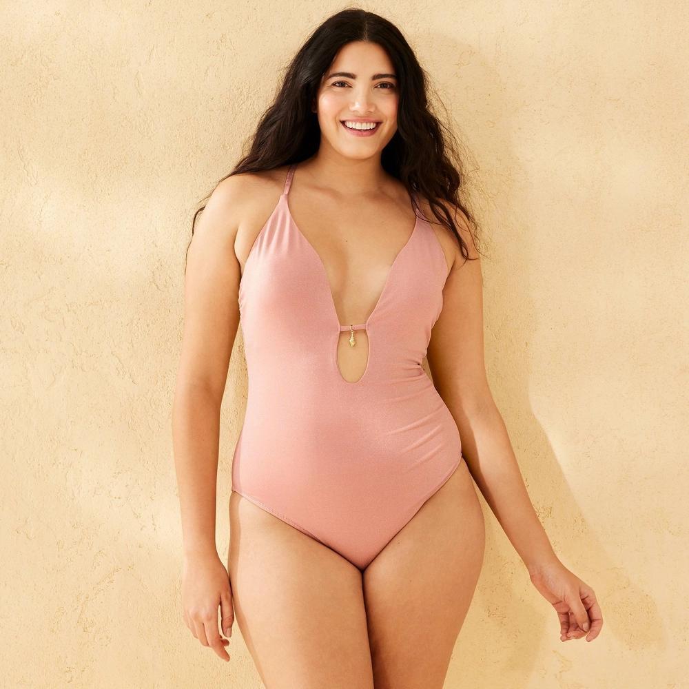 Women's Sparkle Shell Charm Plunge Neck High Leg Cheeky One Piece Swimsuit - Shade & Shore™ XL: Crisscross Back, Removable Cups Product Image