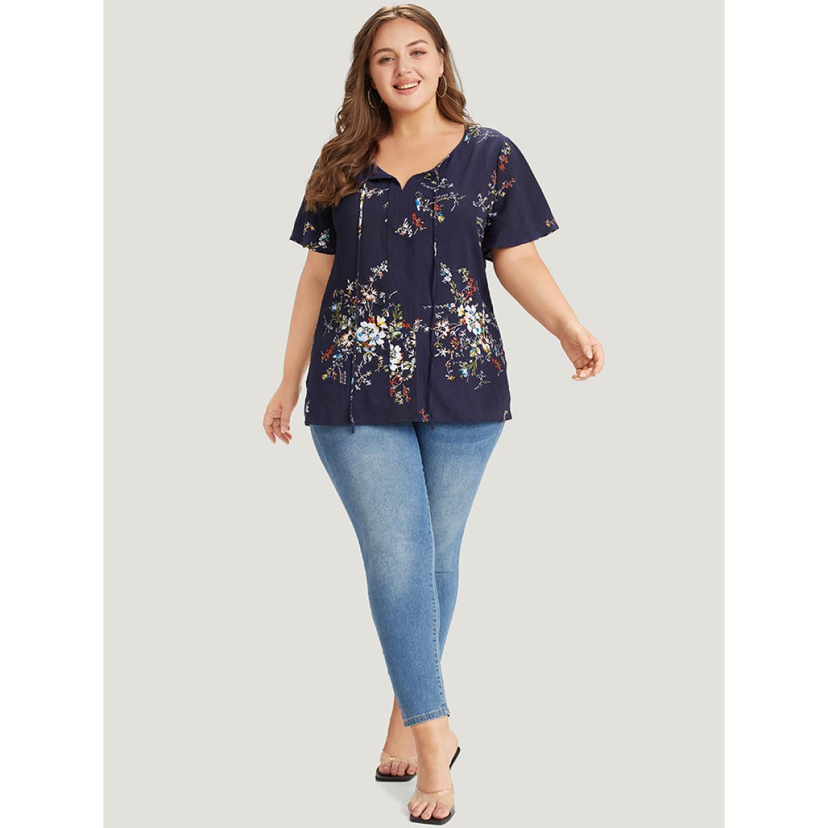 Plus Size Blue Floral Print Knot Neck Blouse Women Elegant Short sleeve Tie Neck Dailywear Blouses BloomChic 22-24/3X Product Image