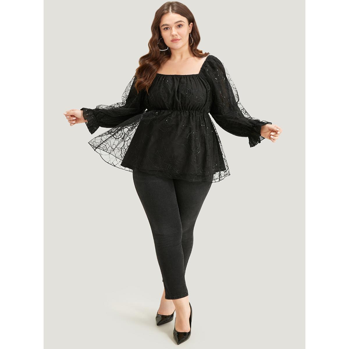 Plus Size Black Halloween Square Neck Spider Web Crochet Lace Mesh Blouse Women Glamour Long Sleeve Square Neck Festival-Halloween Blouses BloomChic 10/M Product Image