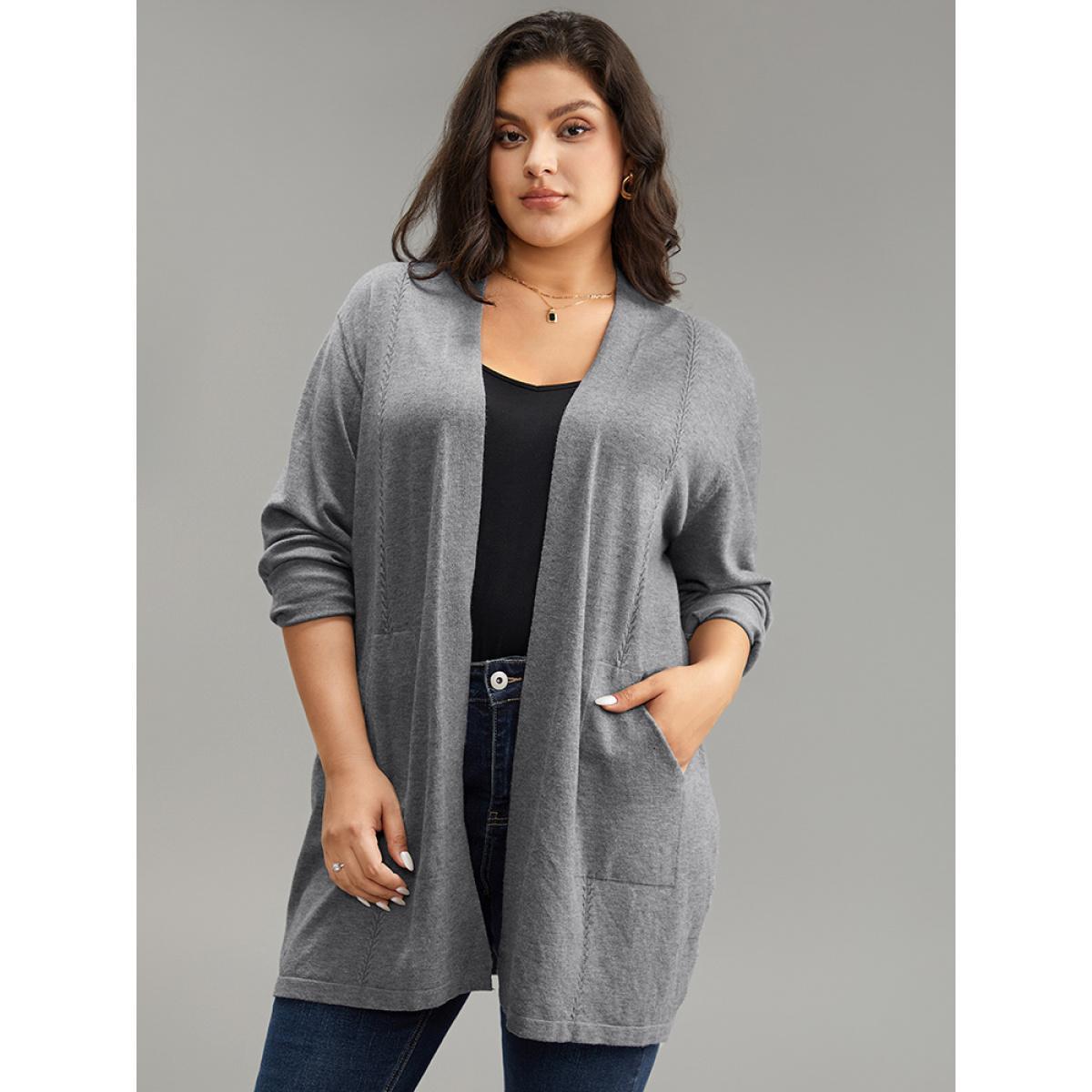 Plus Size Supersoft Essentials Solid Loose Patched Pocket Cardigan Gray Women Casual Loose Long Sleeve Everyday Cardigans BloomChic 14-16/1X Product Image