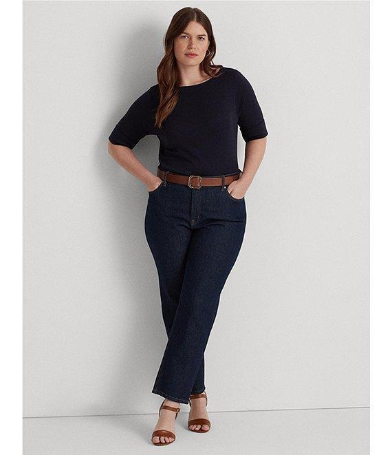 Lauren Ralph Lauren Plus Size Stretch Cotton Boat Neck Short Folded Elbow Sleeve Top Product Image