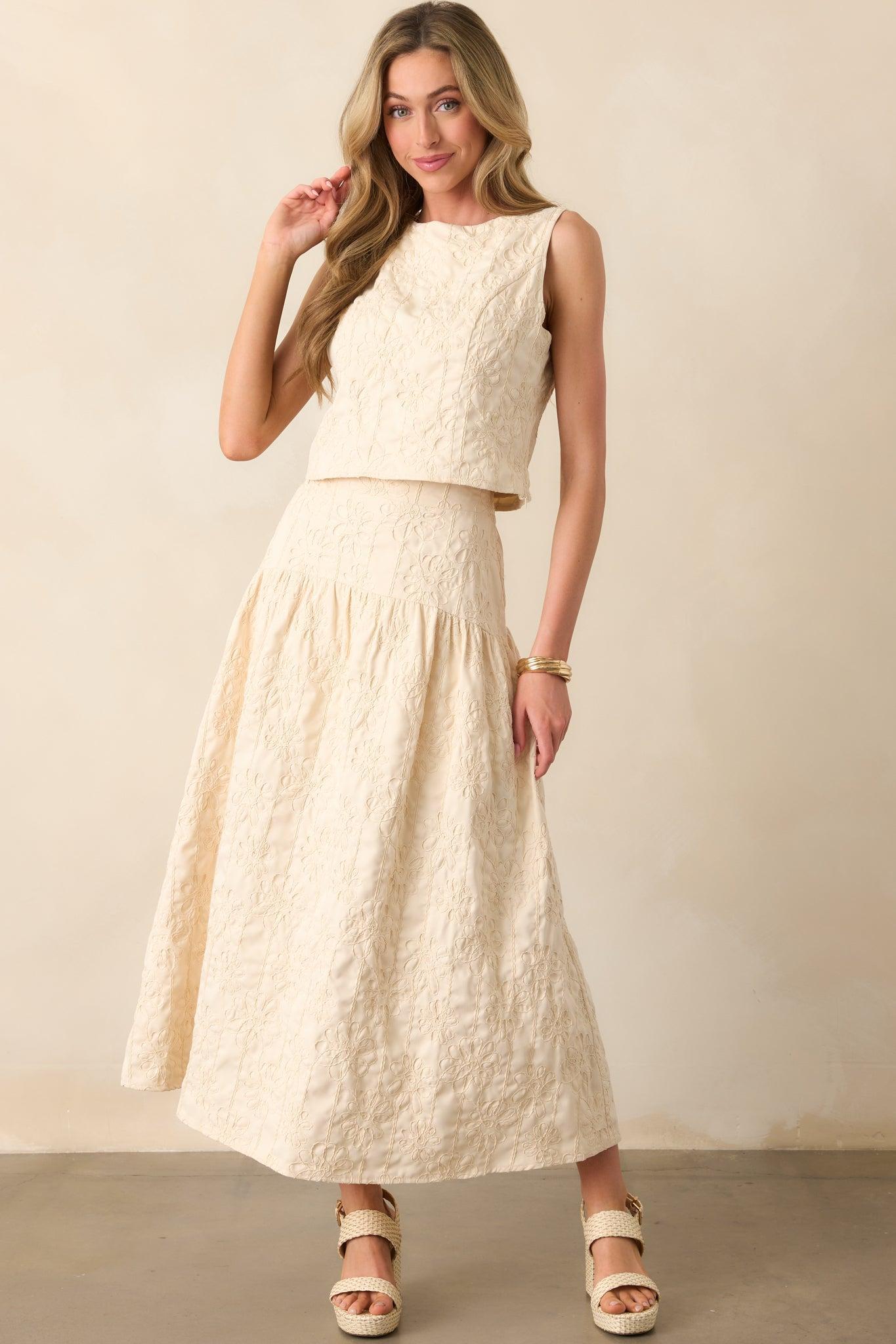 Evening Delights Beige Floral Embroidered Midi Skirt Product Image