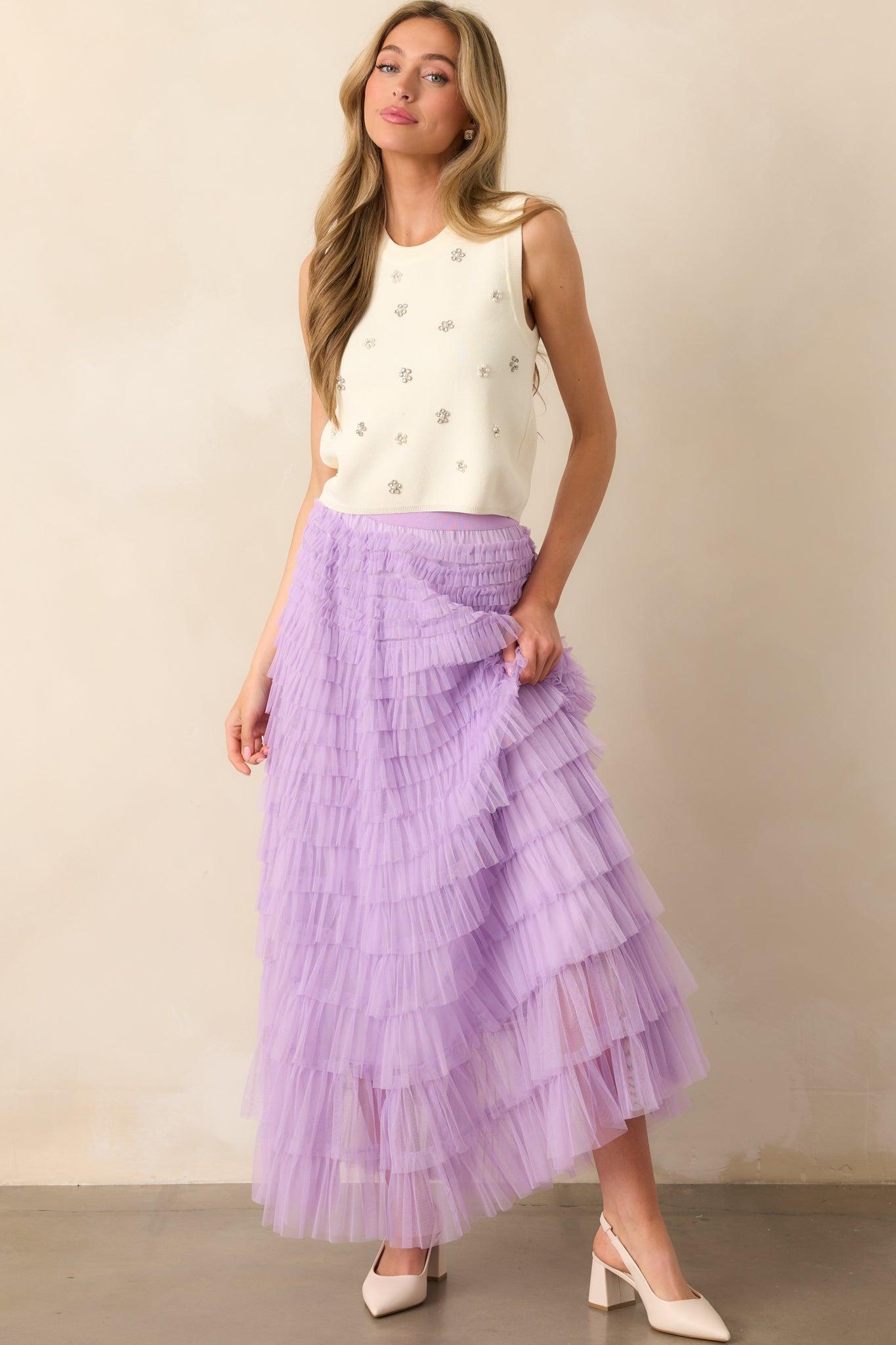 Garden Gathering Lavender Tiered Ruffle Tulle Maxi Skirt Product Image