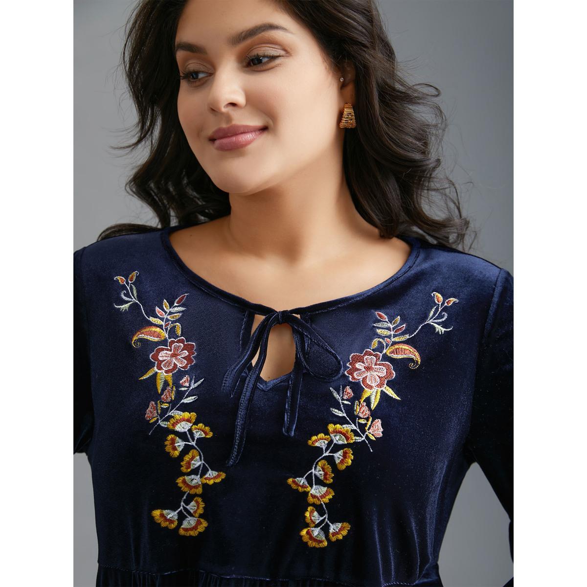 Plus Size Indigo Floral Embroidered Velvet Tie Knot Blouse Women Elegant Long Sleeve V-neck Everyday Blouses BloomChic 10/M Product Image