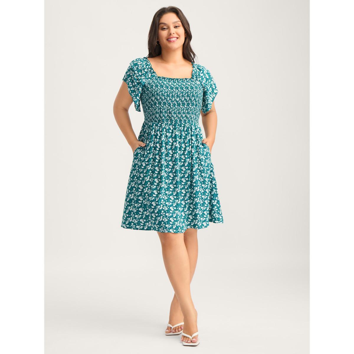 Plus Size Rayon Layered Sleeve Shirred Midi Dress Teal Women Square Neck Cap Sleeve Curvy BloomChic 30/6X Product Image