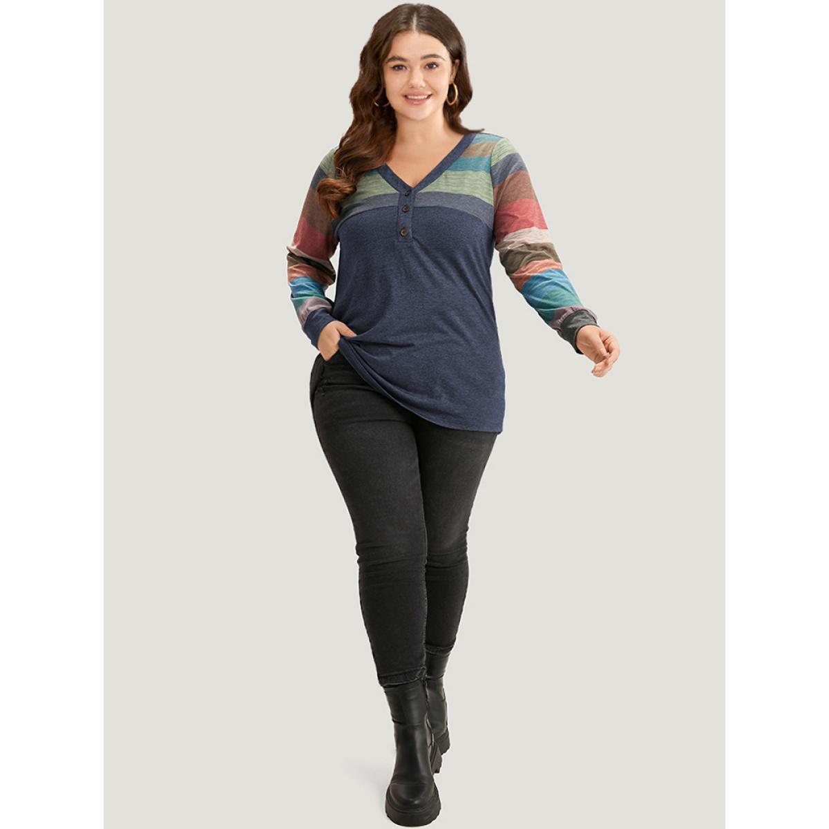 Plus Size Colorblock Contrast V Neck Button Up T-shirt Aegean Women Casual Elastic cuffs Striped V-neck Everyday T-shirts BloomChic 26/4X Product Image