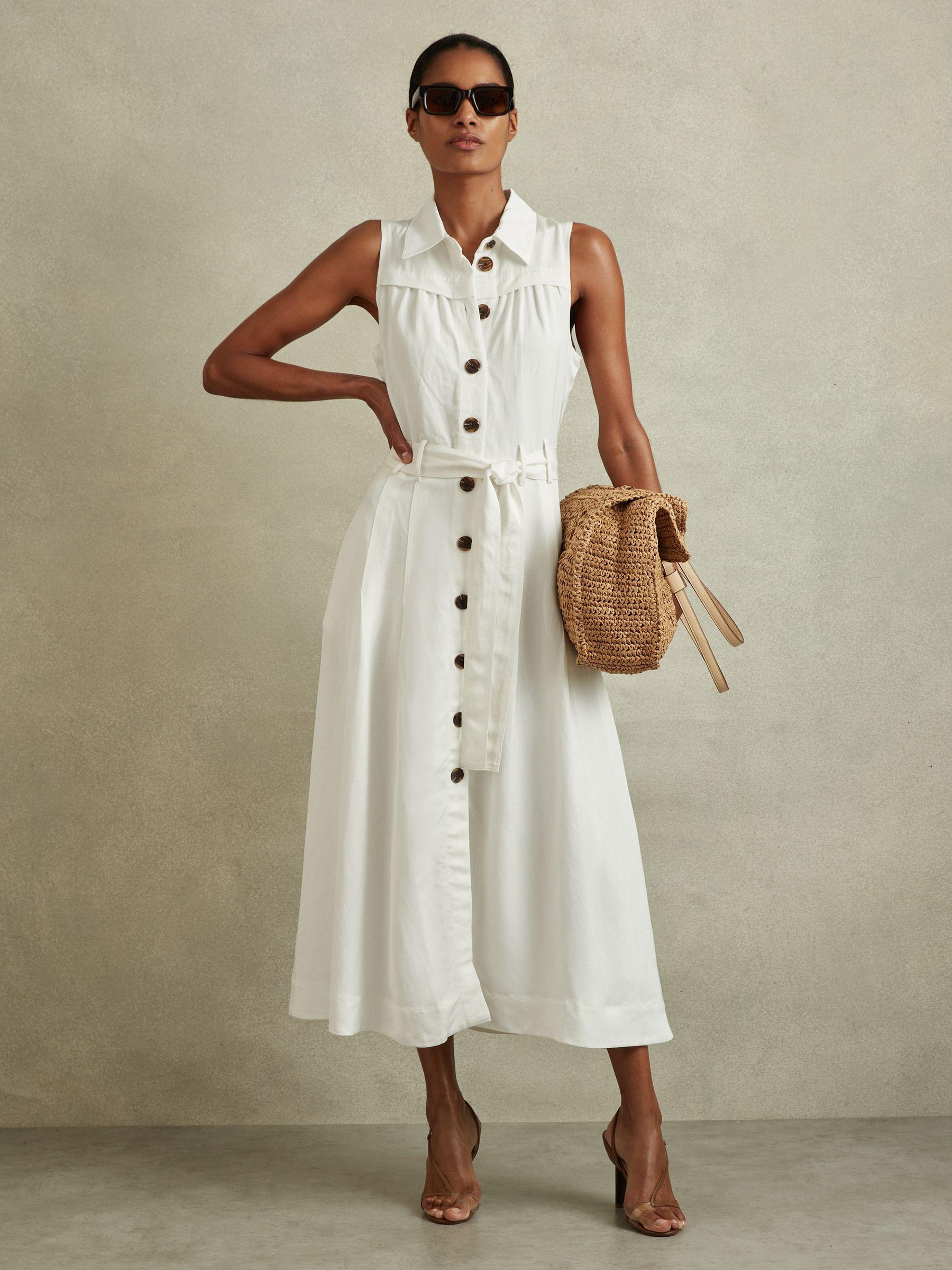 Petite Viscose-Linen Belted Midi Dress in White Product Image