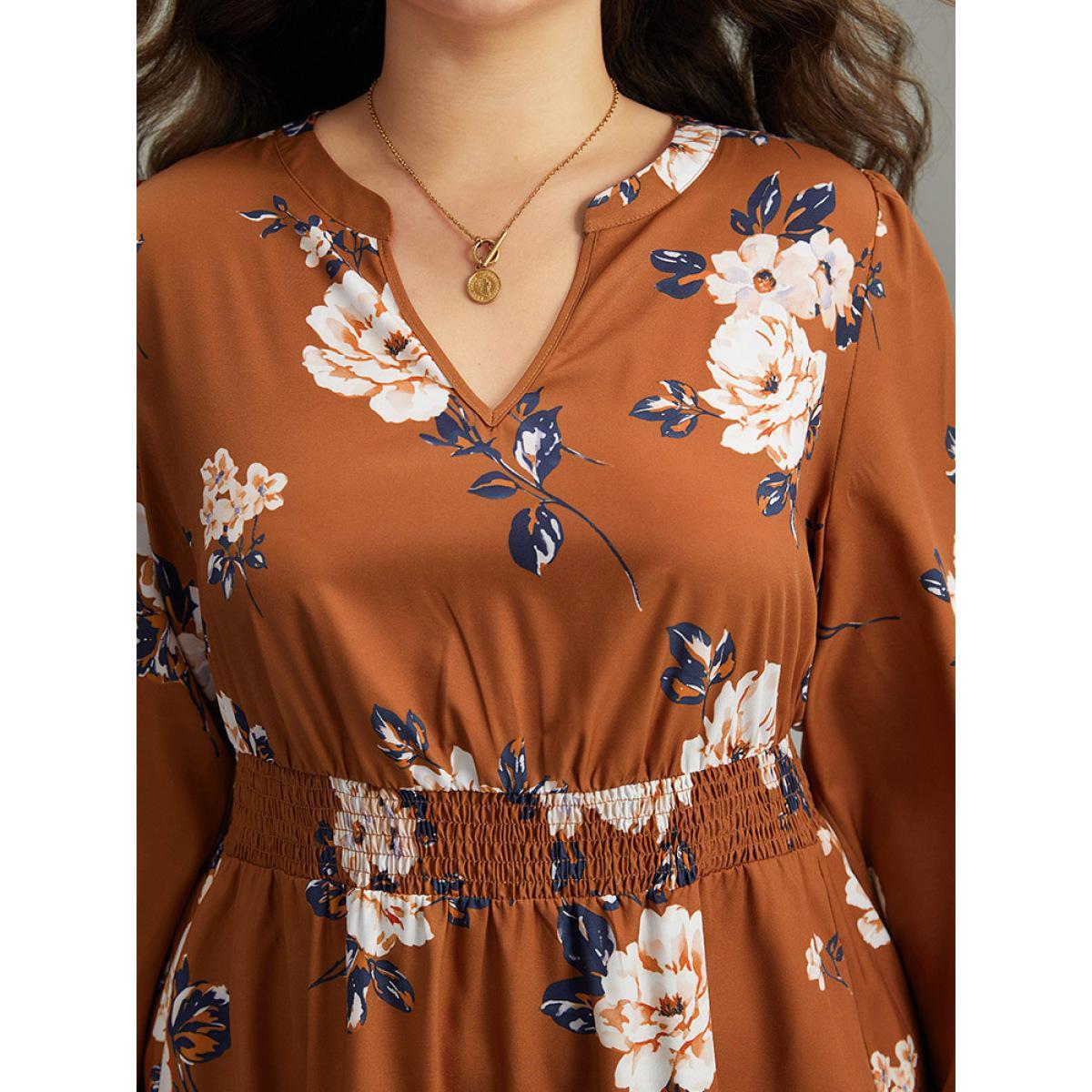 Plus Size Floral Print Notched Shirred Elastic Cuffs Dress Chocolate Women Elegant Elastic cuffs Notched collar Long Sleeve Curvy Midi Dress BloomChic 14-16/1X Product Image