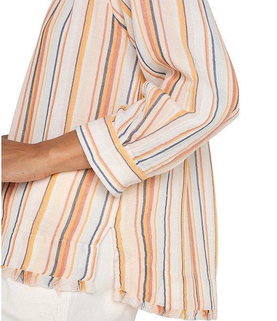 Liverpool Los Angeles Petite Size Stripe Split V-Neck 3/4 Sleeve Frayed Hem Top Product Image