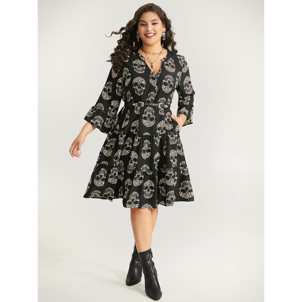 Plus Size Halloween Skull Print Notched Flutter Dress Black Women Office Gathered Notched collar Elbow-length sleeve Curvy Midi Dress BloomChic 22-24/3X Product Image