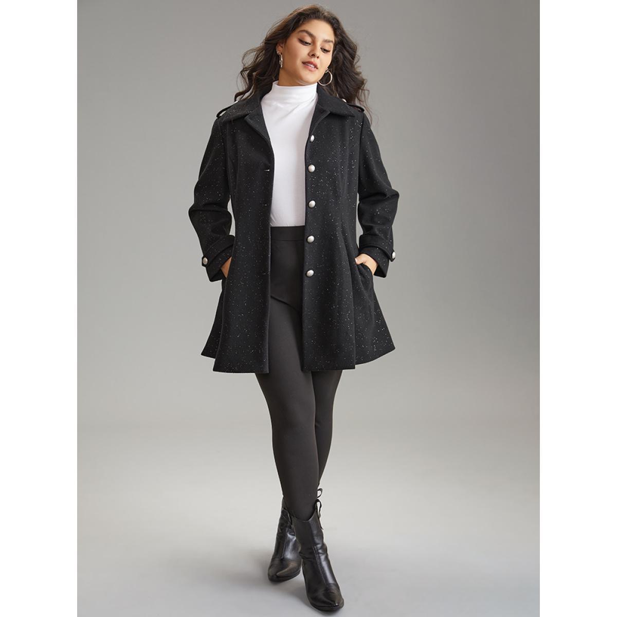 Plus Size Plain Sequin Button Through Plicated Detail Coat Women Black Casual Sequin Ladies Dailywear Winter Coats BloomChic 22-24/3X Product Image
