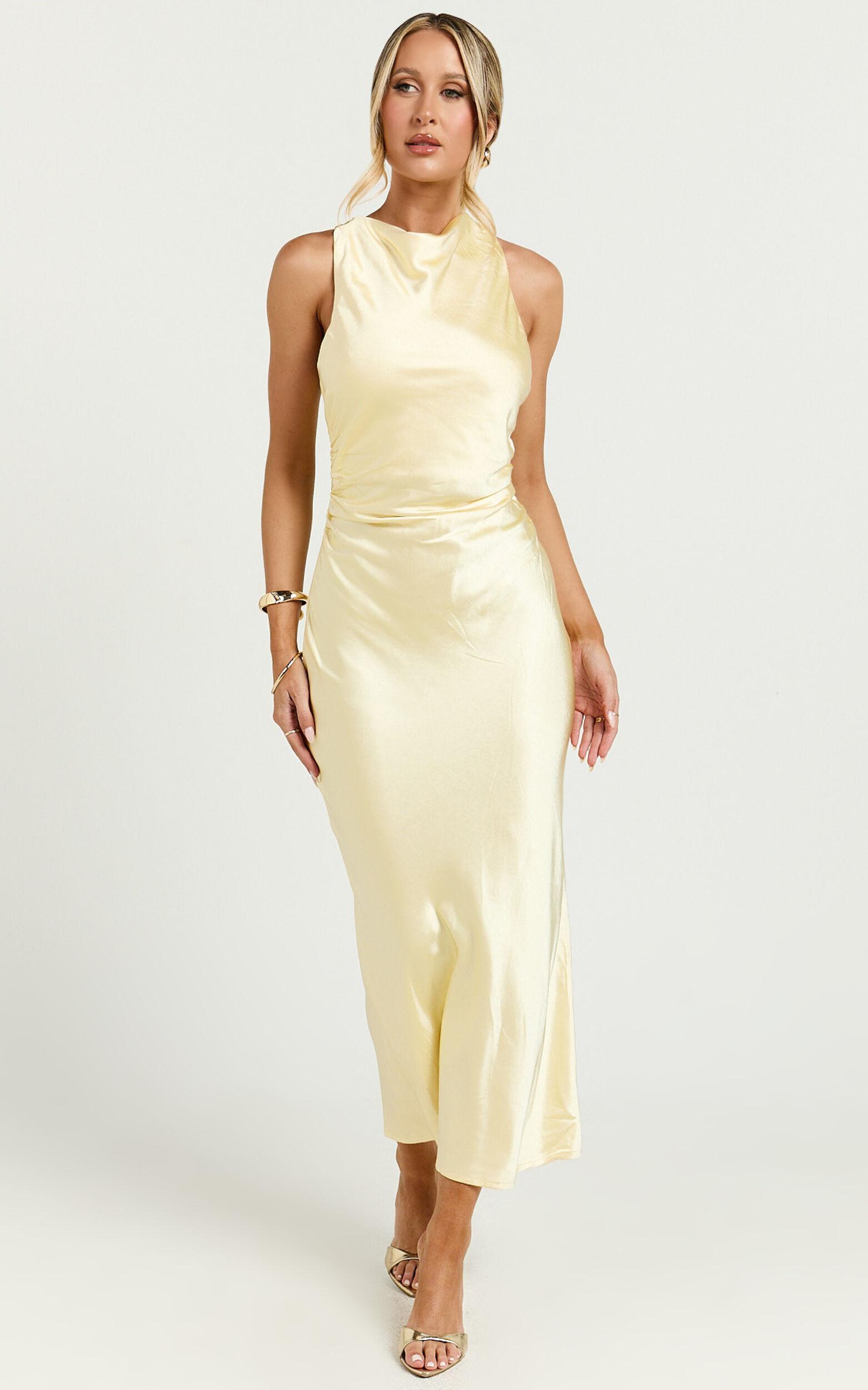 Aluna Midi Dress - High Neck Cross Back Satin Slip Dress in Lemon Product Image