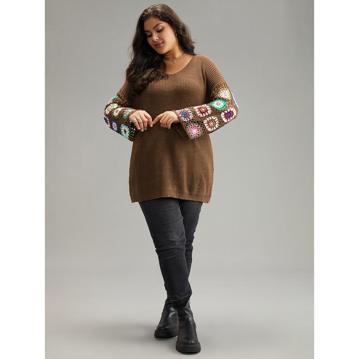 Plus Size Floral Embroidered Hollow Out Pullover DarkBrown Women Casual Long Sleeve V-neck Everyday Pullovers BloomChic 18-20/2X Product Image