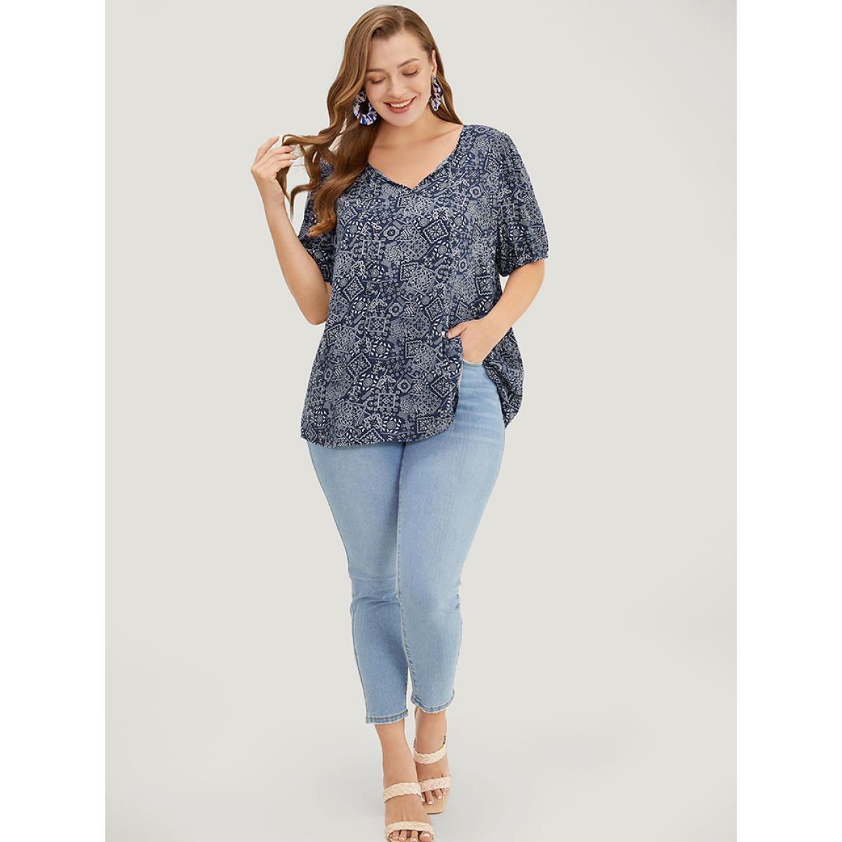 Plus Size Indigo Moroccan Print Keyhole Tie Neck Blouse Women Vacation Short sleeve V-neck Work Blouses BloomChic 22-24/3X Product Image