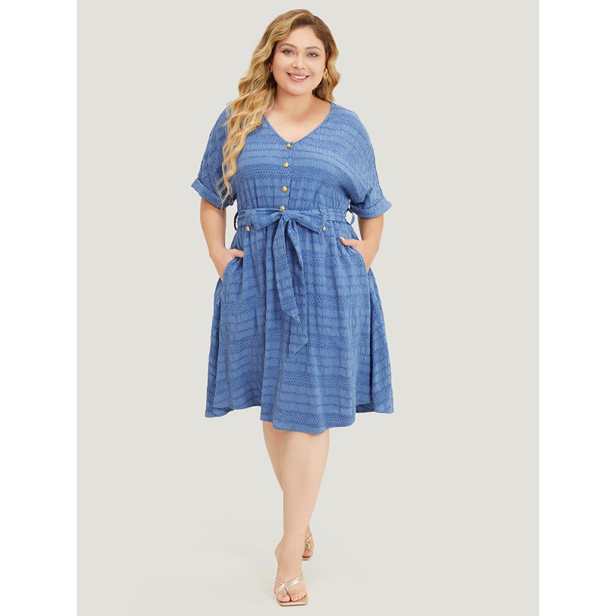 Plus Size Solid Textured Pocket Roll Batwing Sleeve Button Up Knee Dress Stone Women Office Cross straps V-neck Short sleeve Curvy Knee Dress BloomChic 22-24/3X Product Image