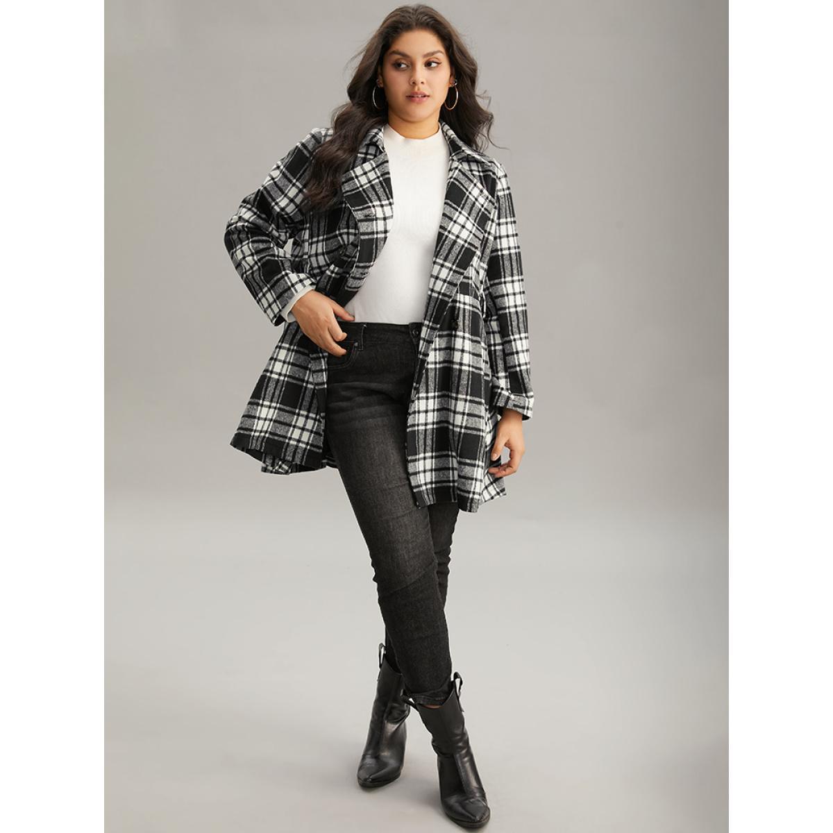 Plus Size Plaid Belted Pocket Double Breasted Coat Women Black Casual Lined Ladies Dailywear Winter Coats BloomChic 12/L Product Image