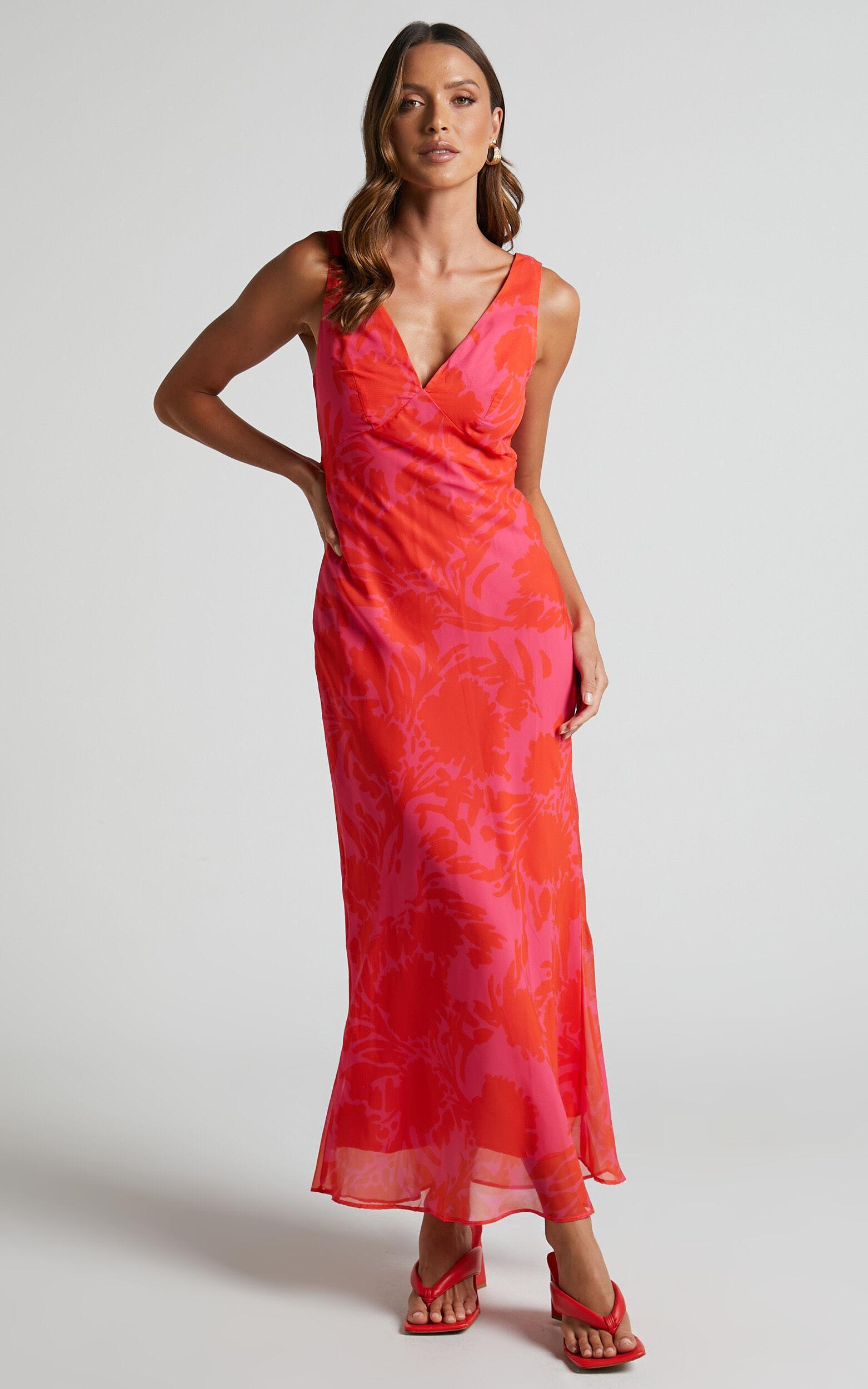 Jodie Midi Dress - V Neck Slip Dress in Pink Floral Product Image