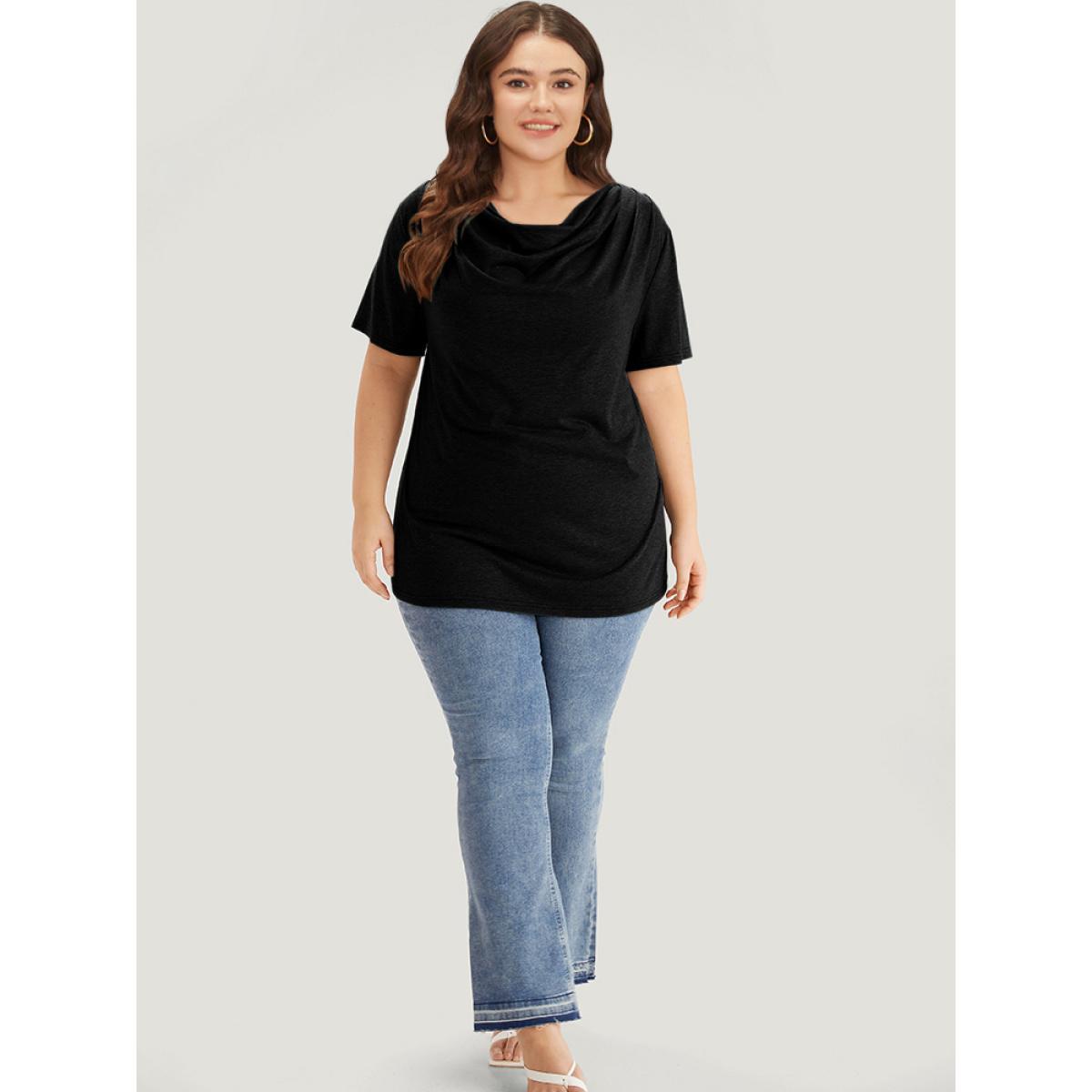 Plus Size Solid Heather Cowl Neck Flutter Sleeve T-shirt Black Women Elegant Plain Plain Cowl Neck Dailywear T-shirts BloomChic 10/M Product Image