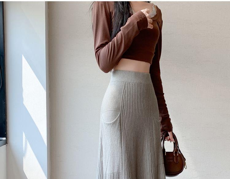High Waist Plain Knit Maxi A-Line Skirt Product Image