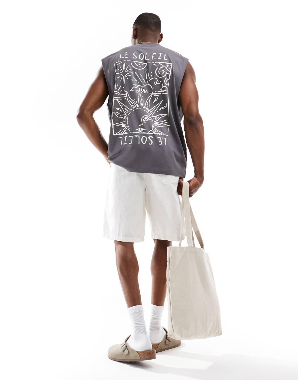 ASOS DESIGN oversized tank top in dark gray with celestial chest and back print Product Image