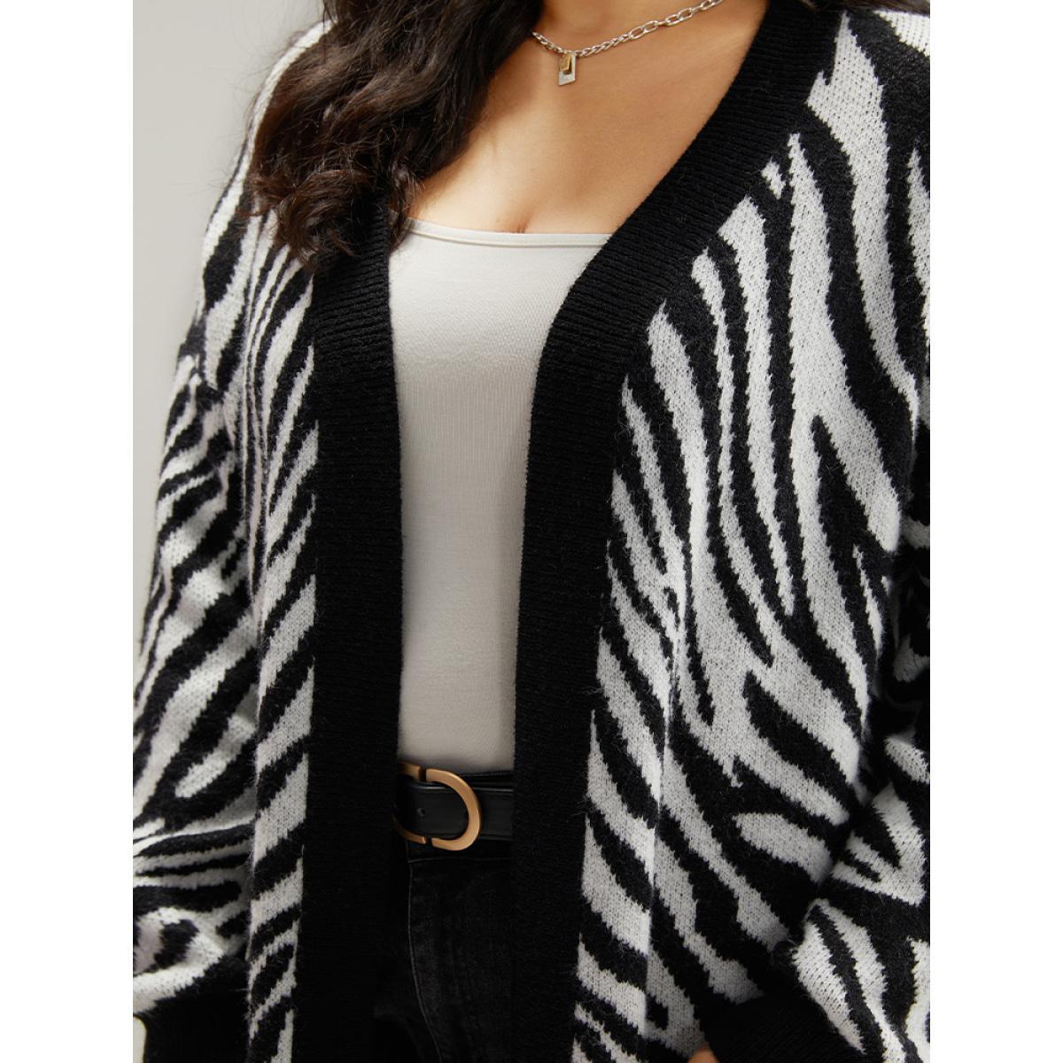 Plus Size Supersoft Essentials Zebra Print Patched Pocket Cardigan Black Women Casual Loose Long Sleeve Dailywear Cardigans BloomChic 10/M Product Image