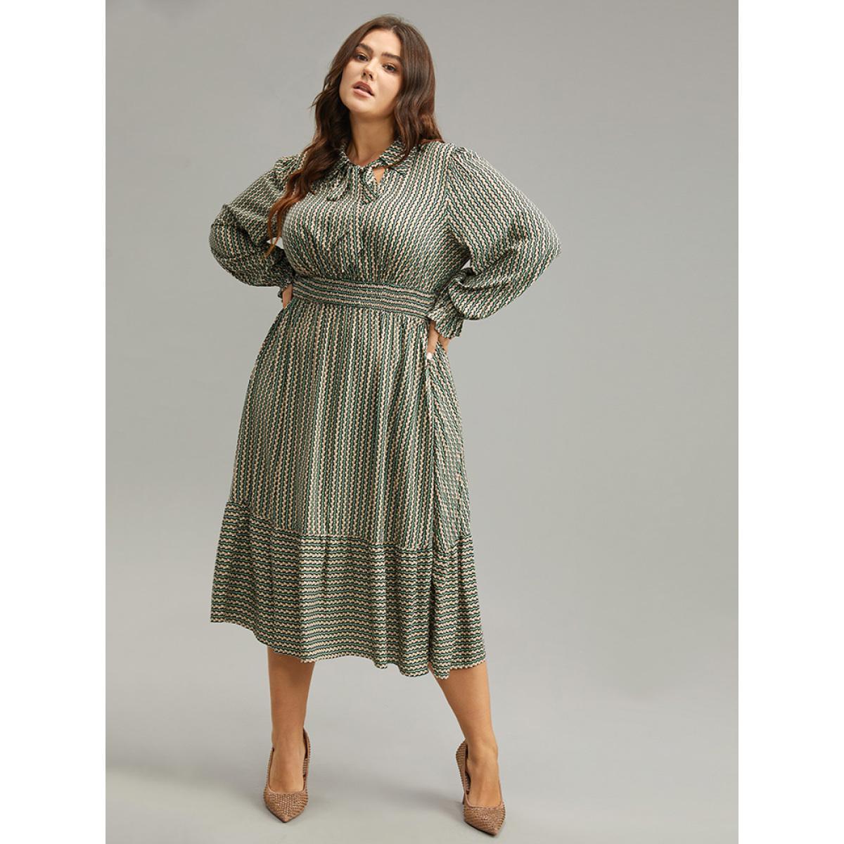 Plus Size Striped Geometric Bowknot Keyhole Shirred Dress Mint Women Work From Home Cross straps Shirt collar Long Sleeve Curvy Midi Dress BloomChic 10/M Product Image