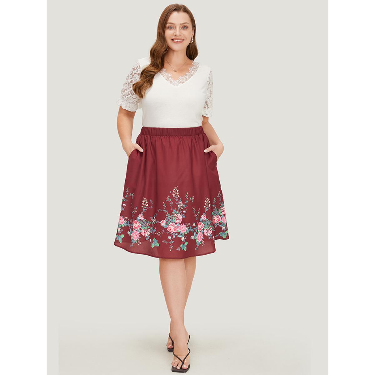 Plus Size Floral Print Pocket Flutter Hem Skirt Women Burgundy Elegant Printed No stretch Pocket Dailywear Skirts BloomChic 22-24/3X Product Image