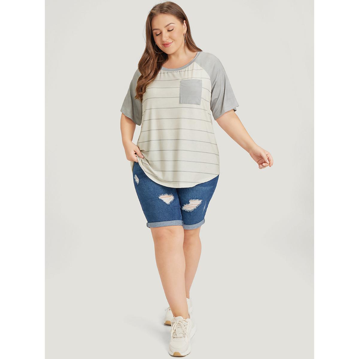 Plus Size Striped Patched Pocket Raglan Sleeve T-shirt Gray Women Casual Striped Round Neck Dailywear T-shirts BloomChic 30/6X Product Image