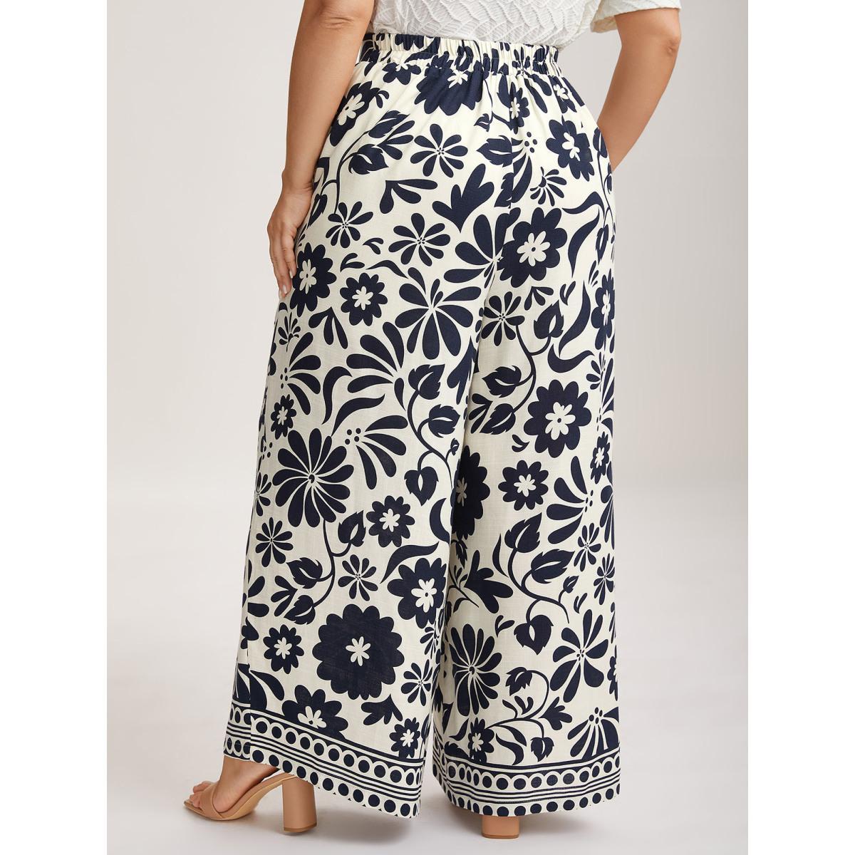 Plus Size Floral Print Wide-Leg Pants Women Indigo Elegant Wide Leg Mid Rise Everyday-Elegant Pants BloomChic 26/4X Product Image