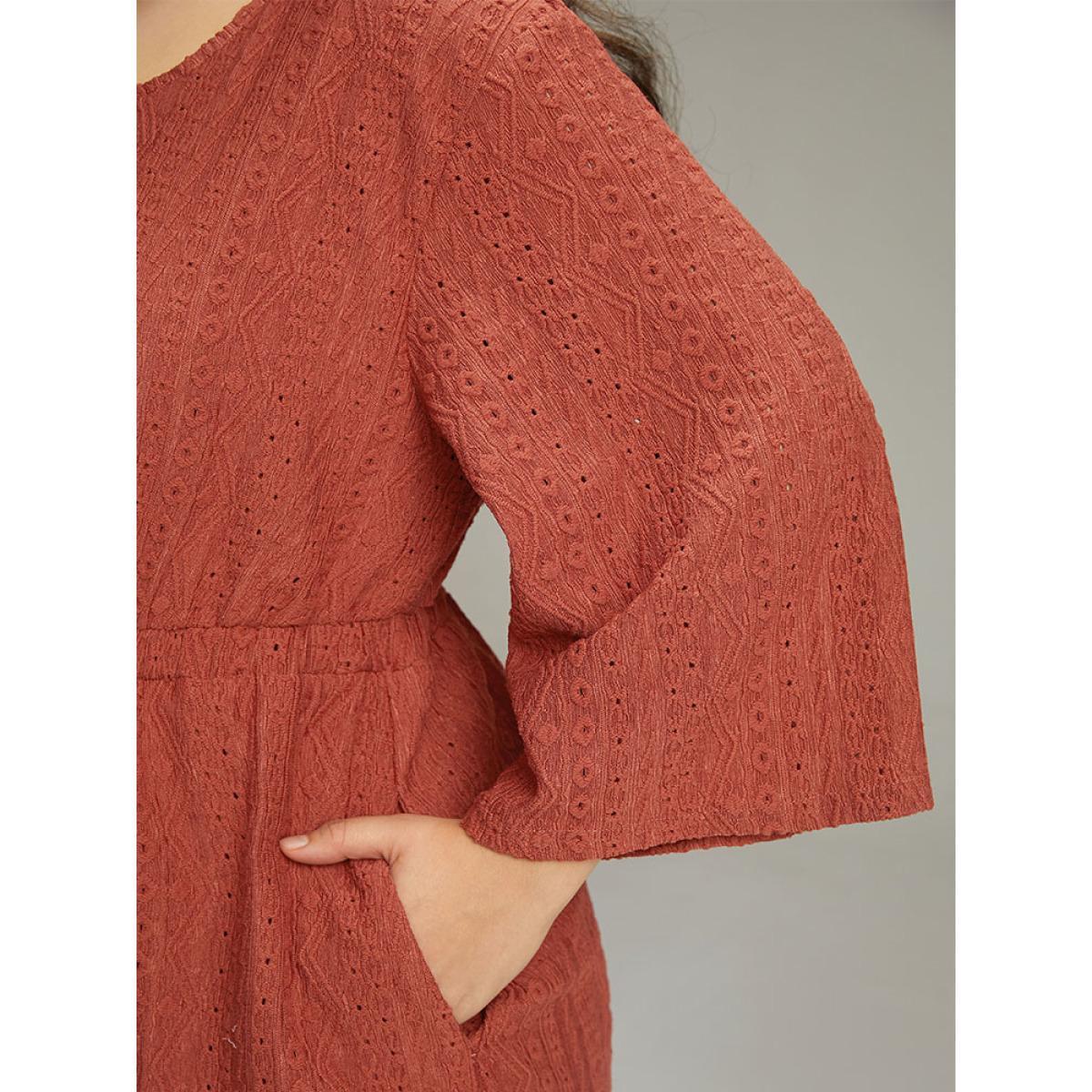 Plus Size Broderie Anglaise Button Through Pocket Dress Rust Women Casual Texture Round Neck Long Sleeve Curvy Knee Dress BloomChic 22-24/3X Product Image
