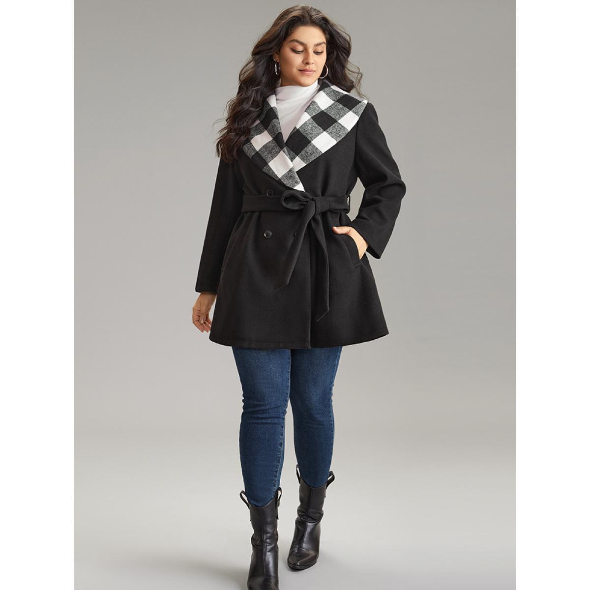 Plus Size Plaid Lapel Collar Pocket Belted Coat Women Black Casual Lined Ladies Dailywear Winter Coats BloomChic 22-24/3X Product Image