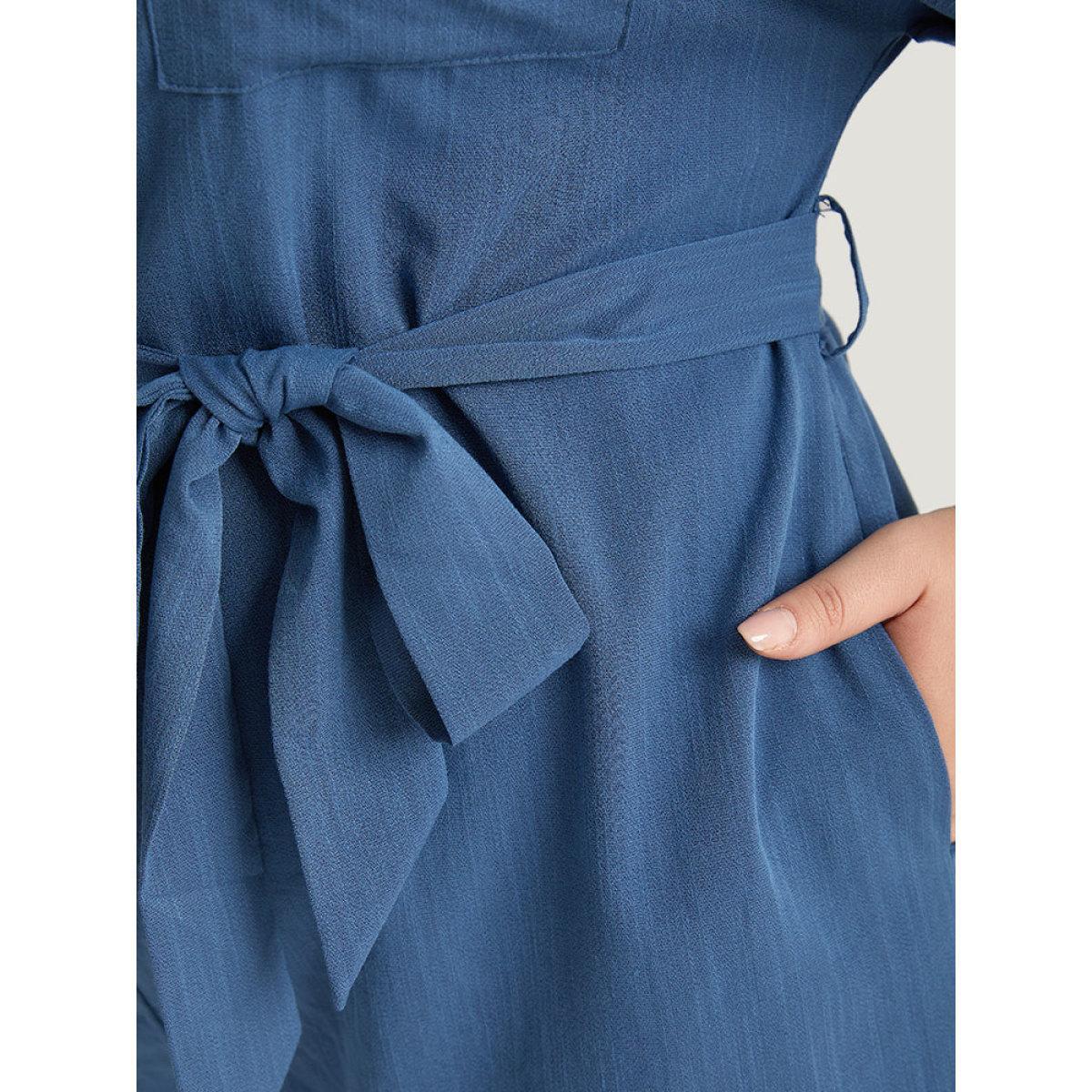 Plus Size Stone Anti-Wrinkle Solid Patched Pocket Notched Button Up Belt Romper Women Office Short sleeve Notched collar Work Loose Jumpsuits BloomChic 12/L Product Image