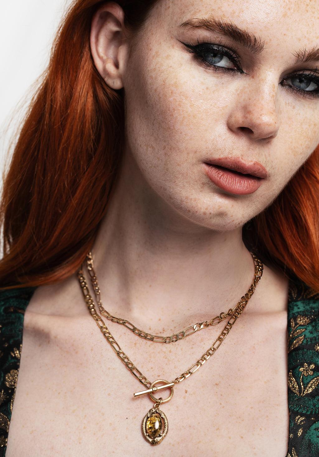Ouroboros Green Moss Stone Multi Chain Necklace - Gold Product Image