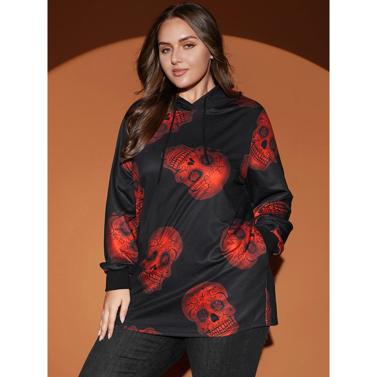 Plus Size Halloween Skull Print Pocket Drawstring Hooded Sweatshirt Women Black Casual Pocket Hooded Dailywear Sweatshirts BloomChic 28/5X Product Image