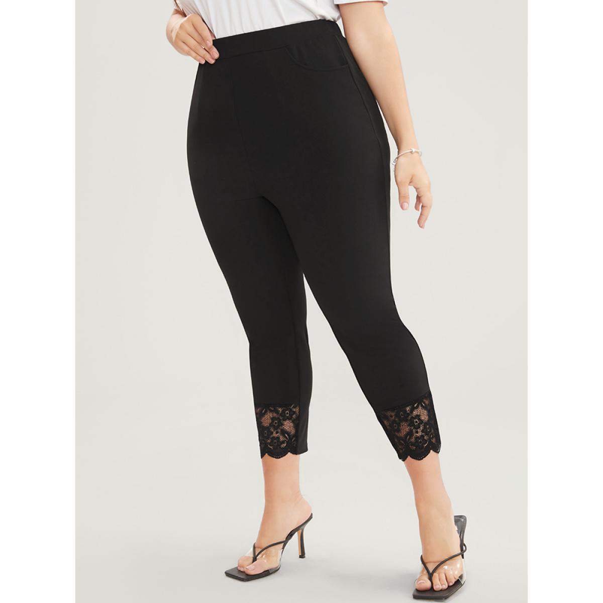 Plus Size Solid Scalloped Trim Elastic Waist Pocket Lace Hem Pants Women Black Elegant Bodycon High Rise Everyday Pants BloomChic 22-24/3X Product Image