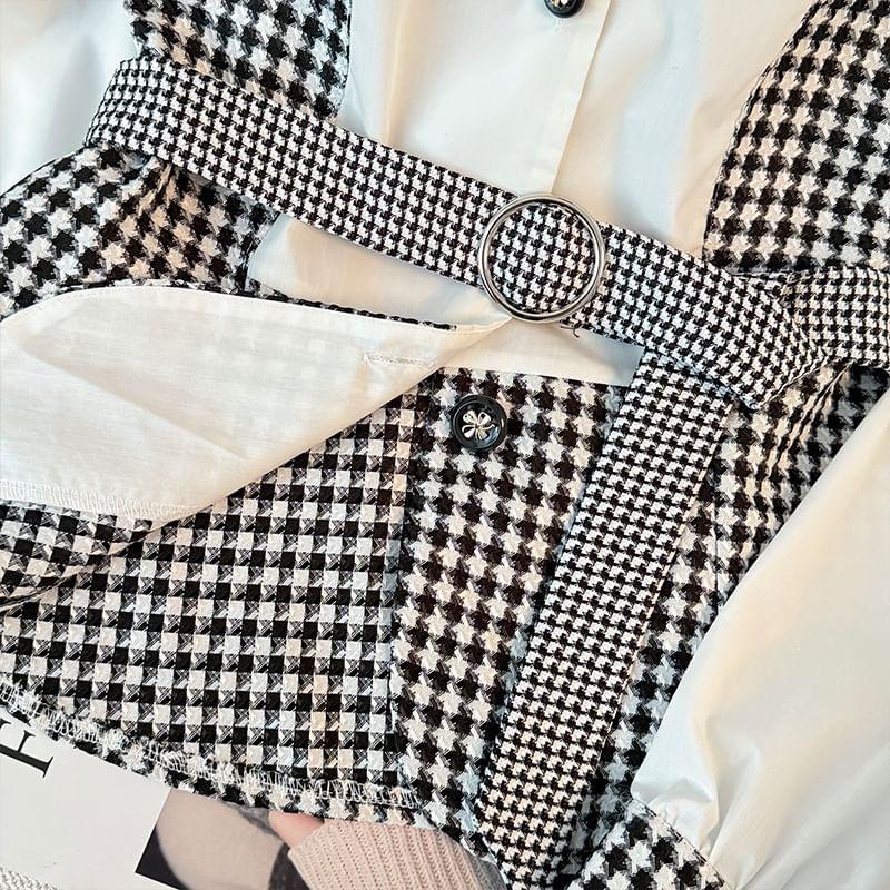 Long-Sleeve Collared Houndstooth Belted Panel Shirt Product Image