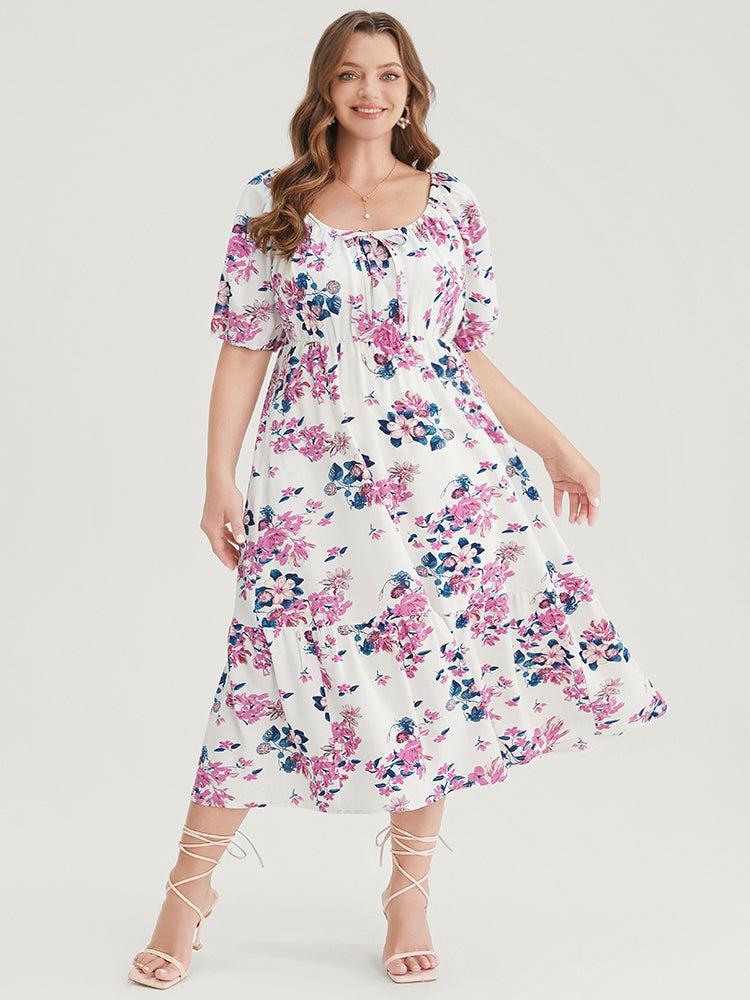 Floral Puff Sleeve Pocket Knot Front Scoop Neck Flutter Dress Female Product Image