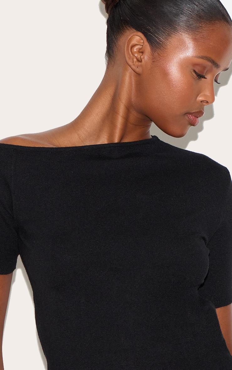 Black Basic Knit Asymmetric Neckline Top Product Image