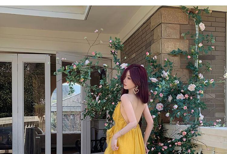 Halter Plain Open Back Asymmetrical Slit Maxi A-Line Sundress (Various Designs) Product Image