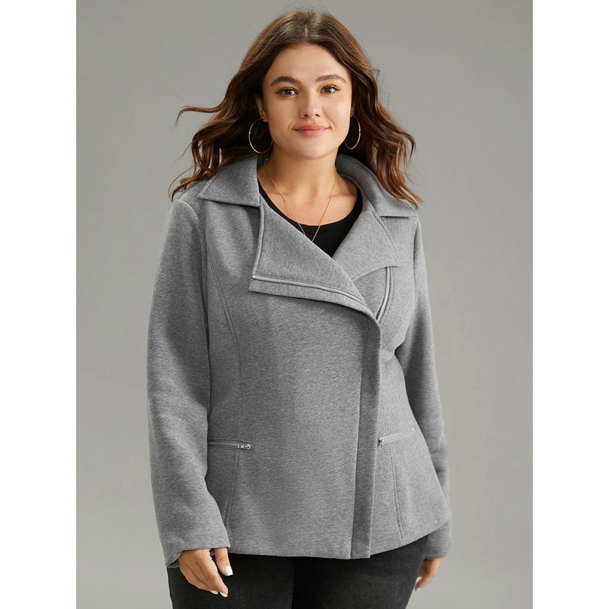 Plus Size Solid Zipper Asymmetrical Pocket Lapel Collar Coat Women Gray Casual Lined Ladies Dailywear Winter Coats BloomChic 30/6X Product Image