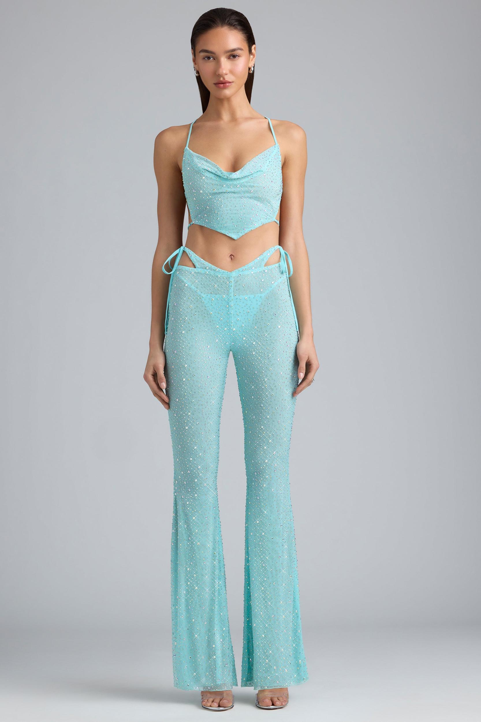 Embellished Cut-Out Flared Trousers in Ice Blue Product Image