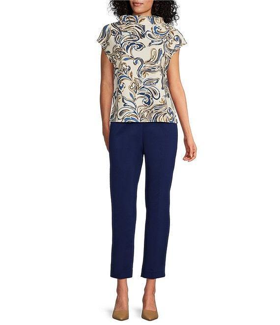 Investments Knit Buttercream/Blue Paisley Short Sleeve High Neck Ottoman Top Product Image