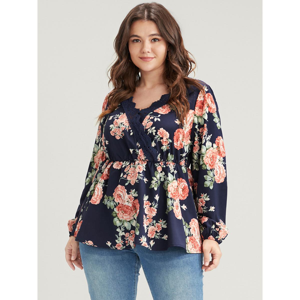 Plus Size Indigo Floral Lace Trim Wrap Ruffle Hem Blouse Women Elegant Long Sleeve V-neck Dailywear Blouses BloomChic 10/M Product Image