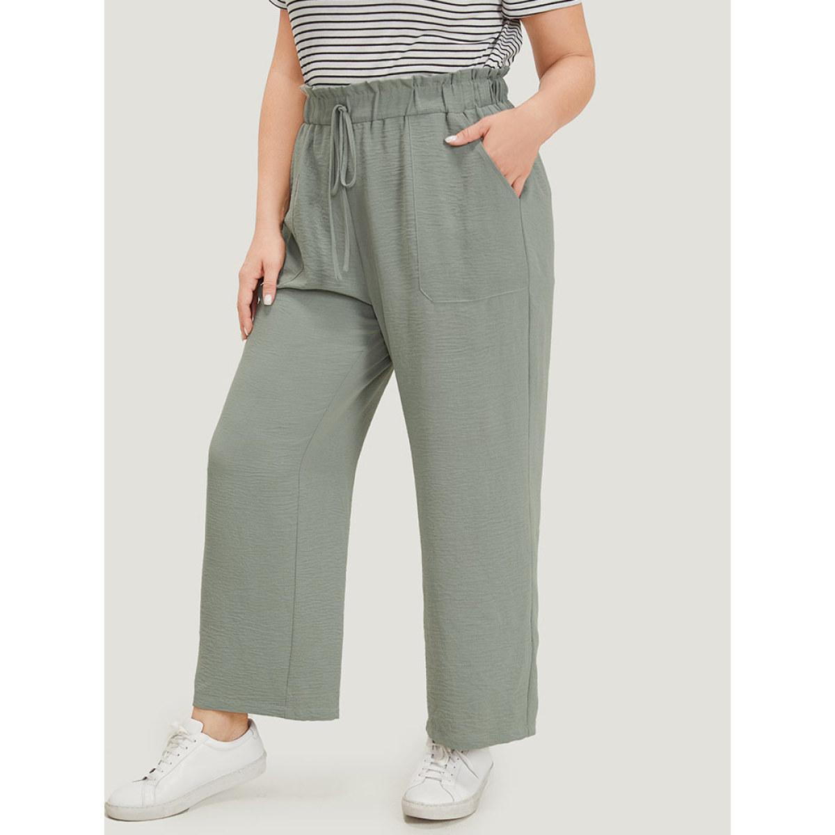Plus Size Solid Pocket Ties Paperbag Waist Pants Women SlateGray Casual Straight Leg High Rise Dailywear Pants BloomChic 14-16/1X Product Image