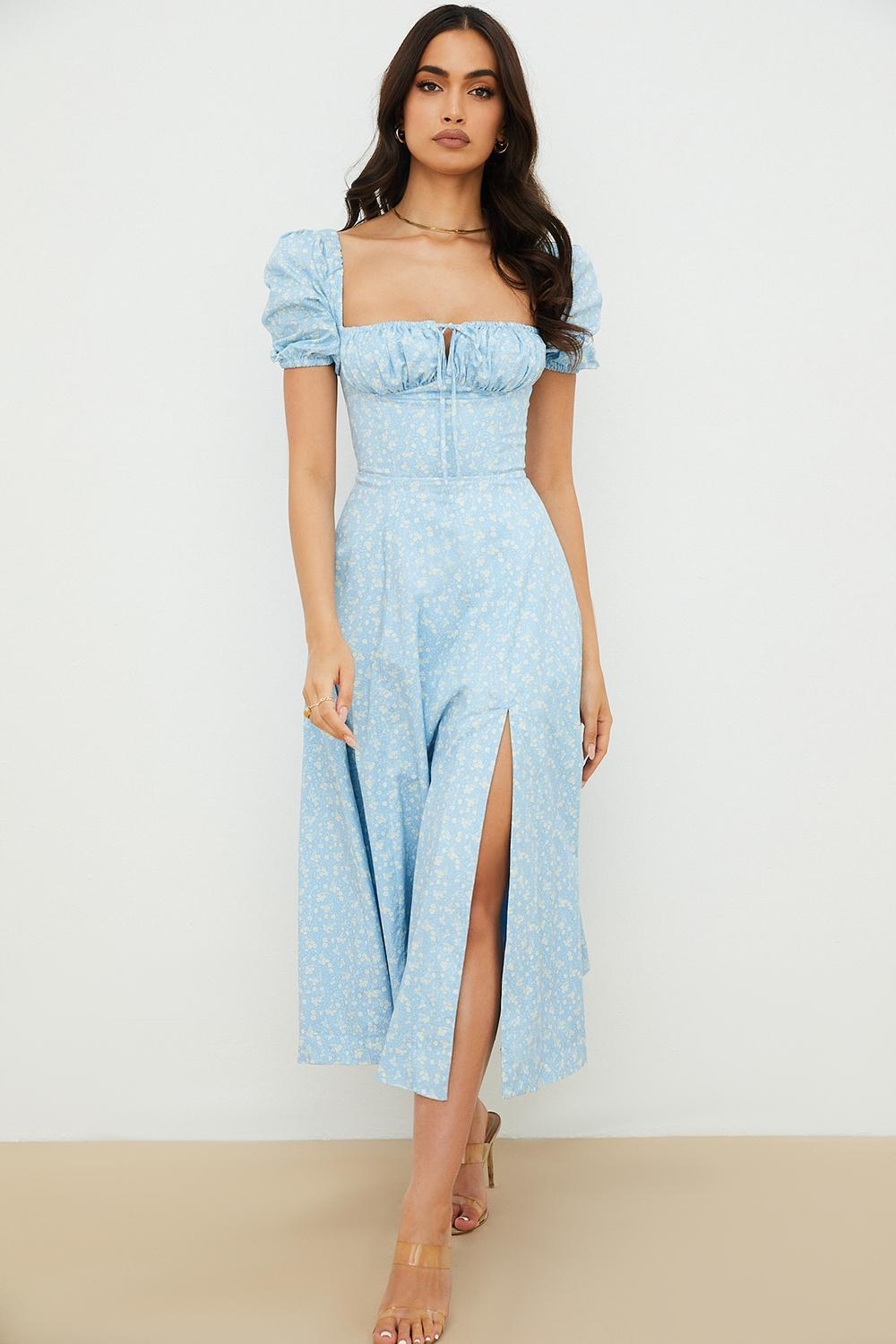 Tallulah Blue Ivory Floral Puff Sleeve Midi Dress Product Image