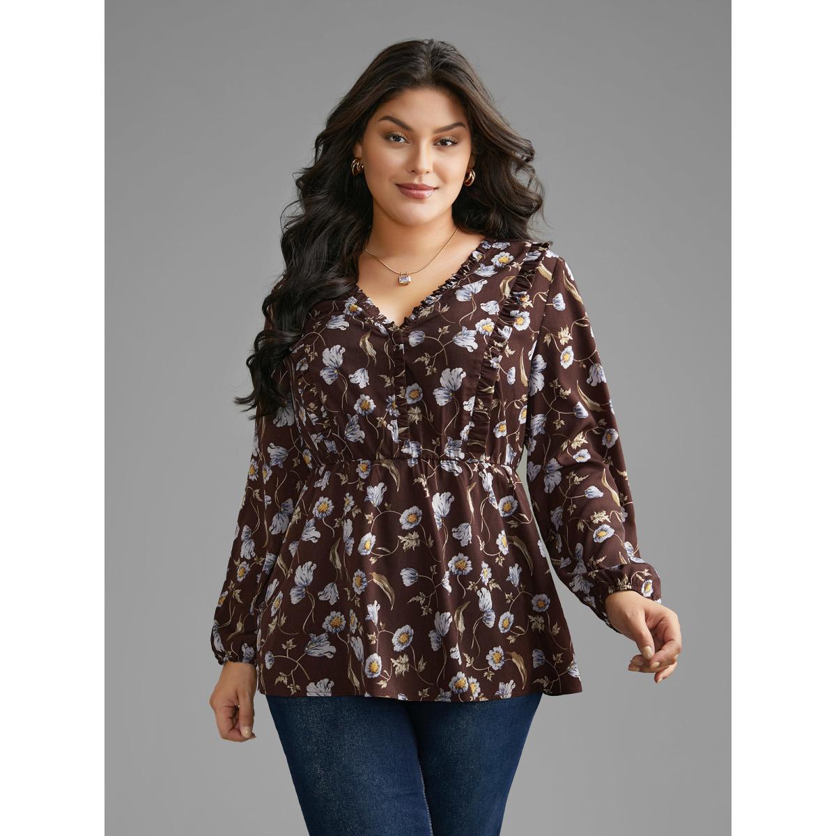 Plus Size DarkBrown Floral Lantern Sleeve Frill Trim Blouse Women Elegant Long Sleeve V-neck Everyday Blouses BloomChic 22-24/3X Product Image