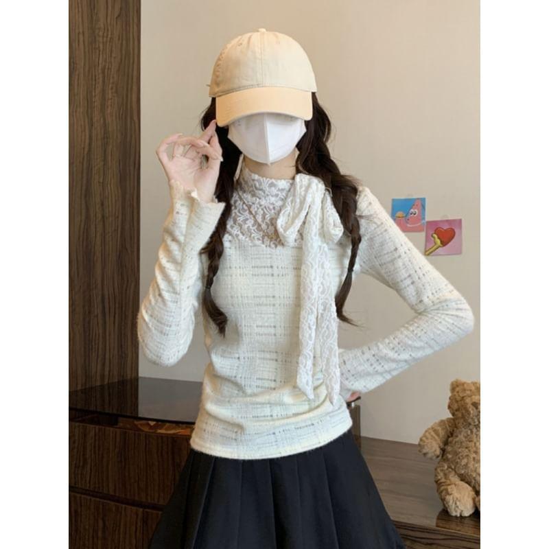 Long Sleeve Mock Neck Plain Tie-Up Panel Lace Top Product Image