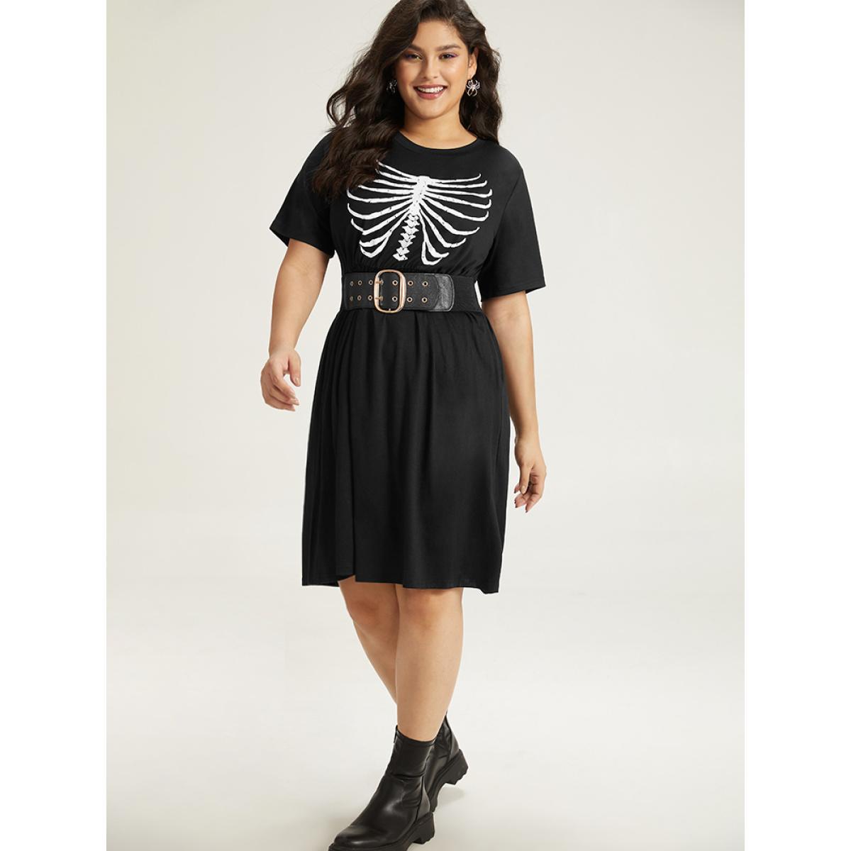Plus Size Halloween Skull Print Pocket Elastic Waist Dress Black Women Casual Gathered Curvy Midi Dress BloomChic 30/6X Product Image