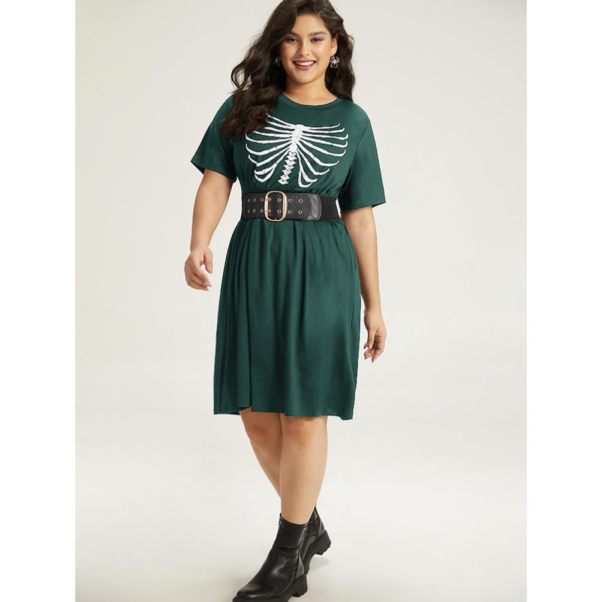 Plus Size Halloween Skull Print Pocket Elastic Waist Dress DarkGreen Women Casual Gathered Curvy Midi Dress BloomChic 22-24/3X Product Image