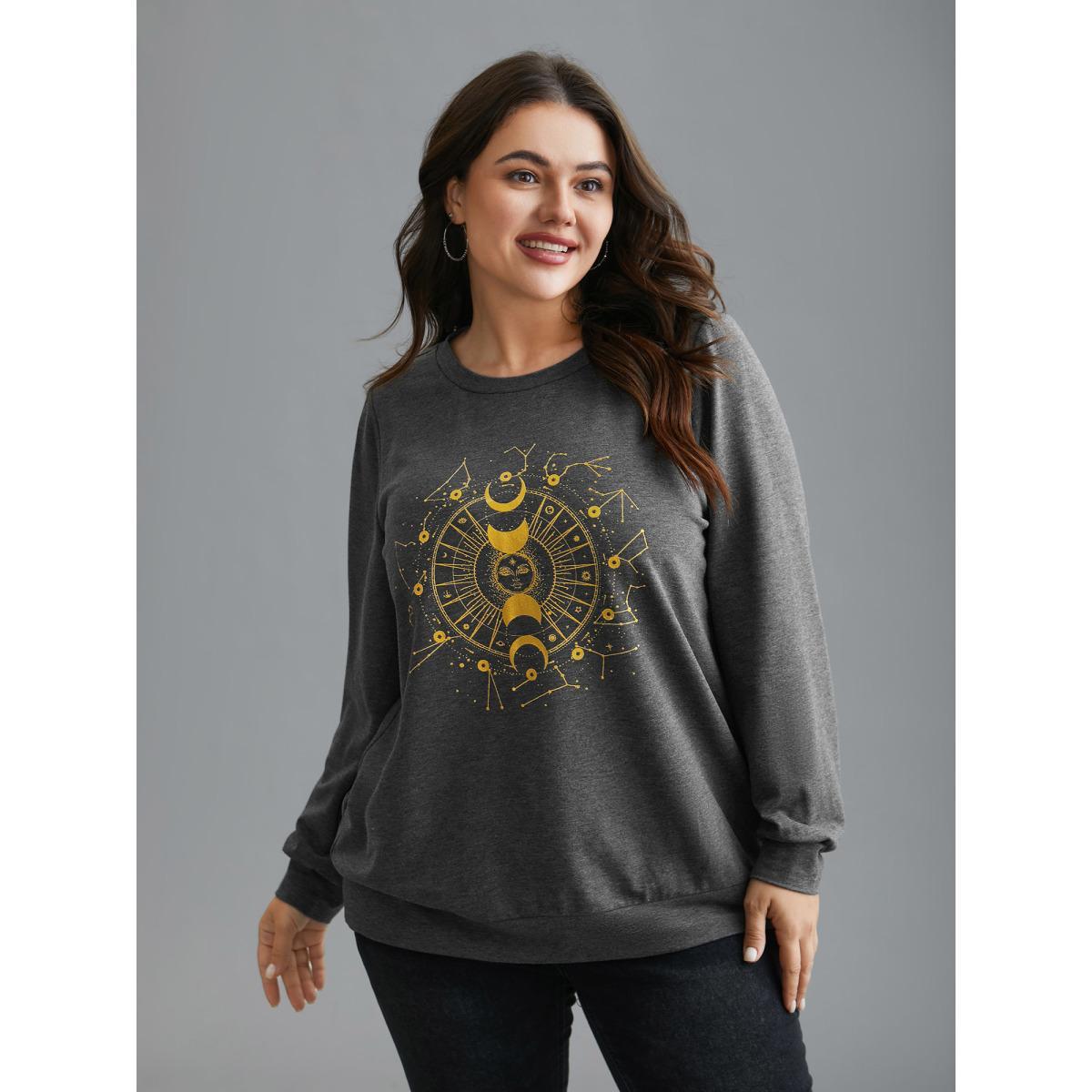 Plus Size Star & Moon Print Round Neck Sweatshirt Women DimGray Casual Non Round Neck Everyday Sweatshirts BloomChic 22-24/3X Product Image